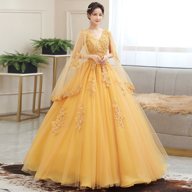 Embroidery Gold - Nowa Złota Sukienka z Haftem, Długa,